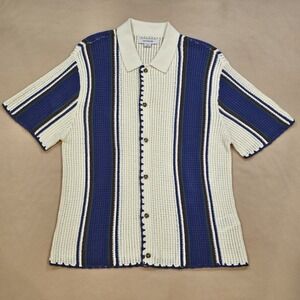 Cotton On Shirt Mens S Pablo Cream Striped Short Sleeve Open Knit Crochet Shirt